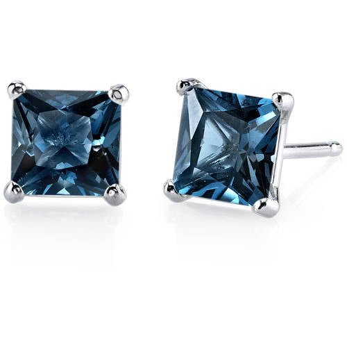 Cushion Cut Simulated Blue Topaz Stud Earrings in14k White Gold Over Sterling Silver 